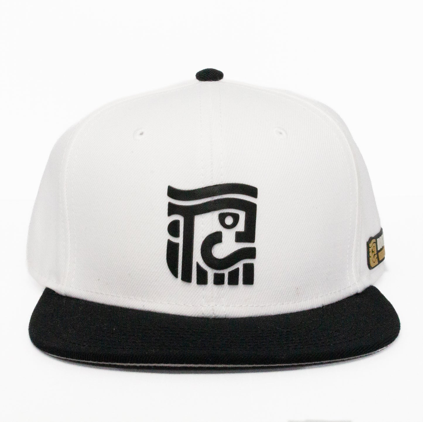 Bigote Bros Brand Icon on 6 Panel Snapback - White with Black Brim