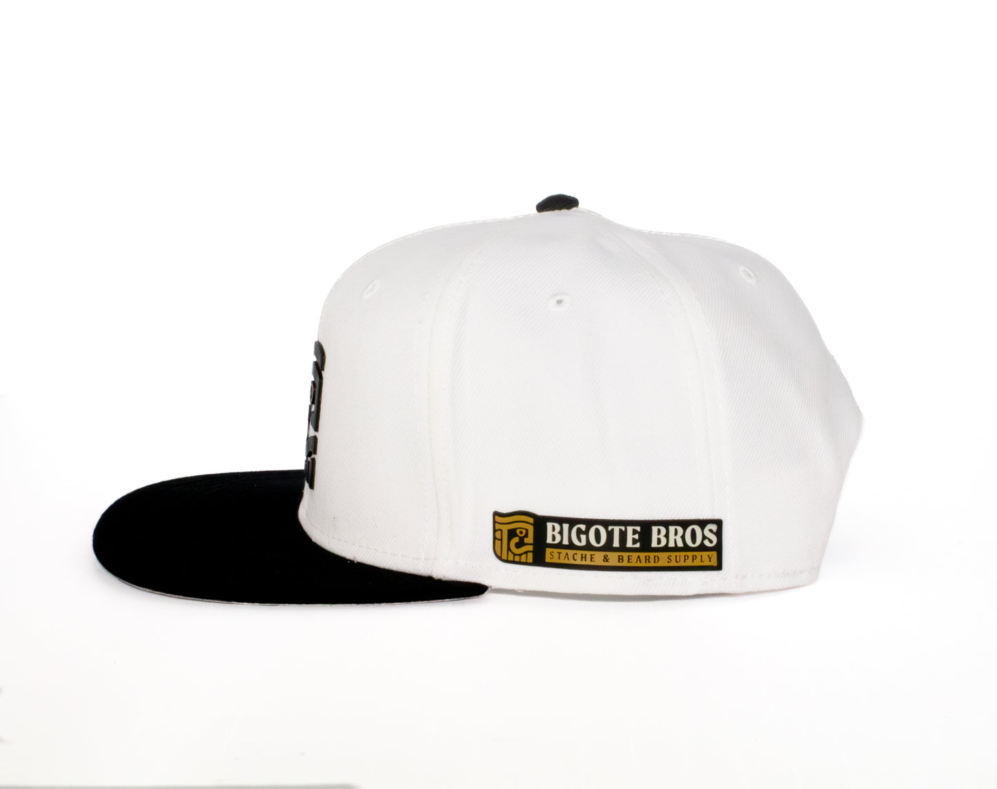 Bigote Bros Brand Icon on 6 Panel Snapback - White with Black Brim